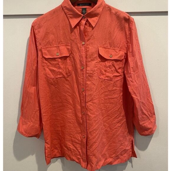 Talbots Top Large L Orange Melon Linen Button Up Roll Tab Lagenlook Boho Coastal - Picture 1 of 14